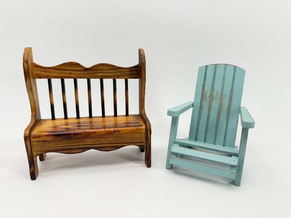 Wood Miniature Bench & Adirondack Chair Brown Aqua Decorative Furniture